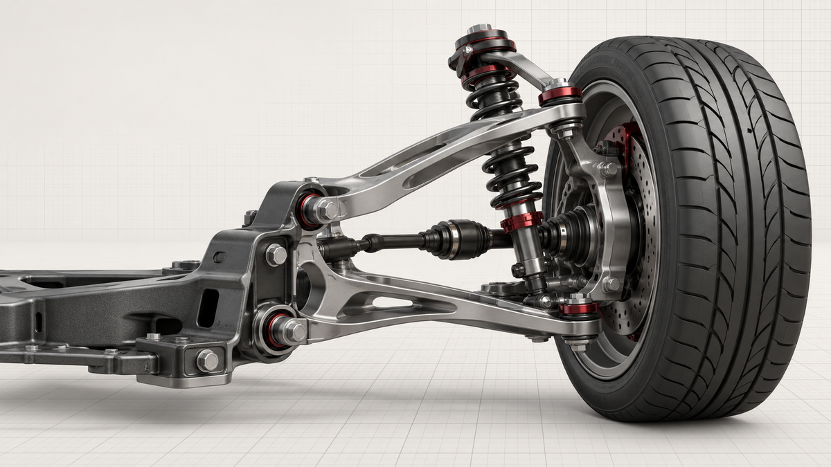 Generic double-wishbone suspension assembly rendered on an engineering grid