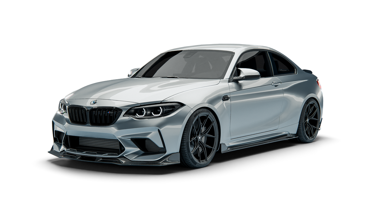宝马M2 Competition F87 RevoZport街头套件前视图，带碳纤维前唇和保险杠内饰件