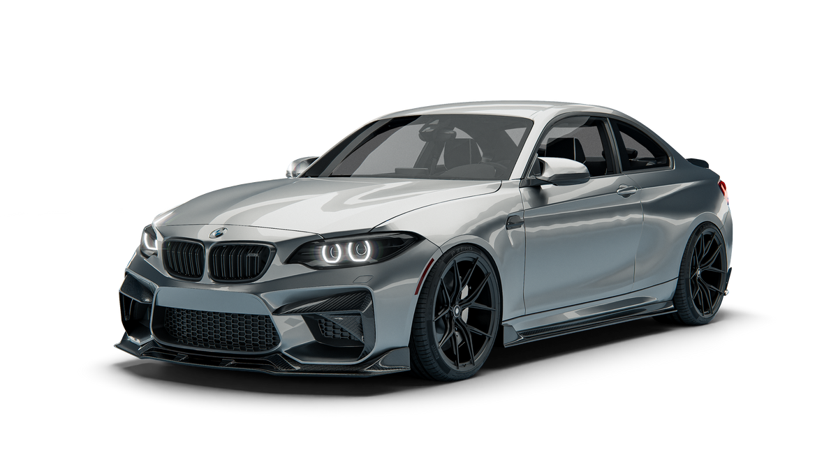 BMW M2 F87 N55 RevoZport Street Program 前视图，带碳纤维前唇和保险杠嵌件