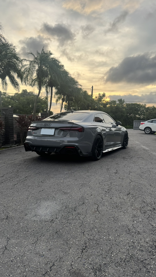 Gray Audi RS5 Sportback featuring a REVOZPORT carbon fiber front lip, side skirts, and aggressive front aero styling parked outdoors near tropical landscaping.