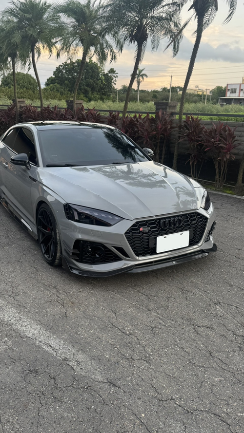 Gray Audi RS5 Sportback featuring a REVOZPORT carbon fiber front lip, side skirts, and aggressive front aero styling parked outdoors near tropical landscaping.