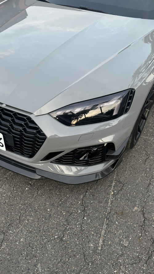 Gray Audi RS5 Sportback featuring a REVOZPORT carbon fiber front lip, side skirts, and aggressive front aero styling parked outdoors near tropical landscaping.
