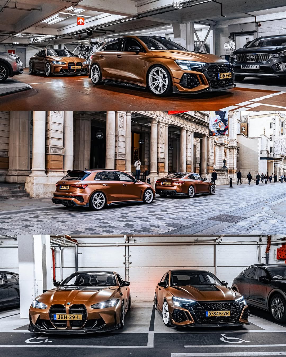 Bronze BMW G82 M4 fitted with REVOZPORT forged silver multi-spoke wheels, parked on a luxury city street alongside a matching Audi RS model.