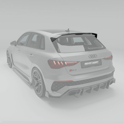 The Audi RS3 Sportback's carbon-fiber roof spoiler features a high-gloss accent