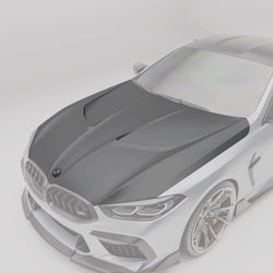 BMW F92 M8 coupe carbon fiber hood close-up with protruding sections