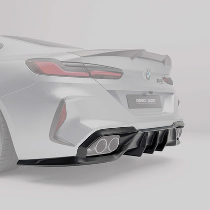 BMW F92 M8 coupe carbon fiber rear diffuser close-up with protruding sections