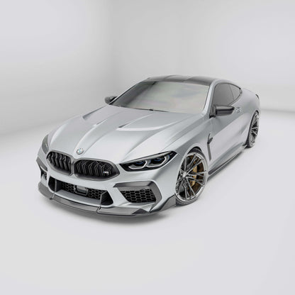 BMW M8 F92  with a carbon fiber hood side-view on a white background