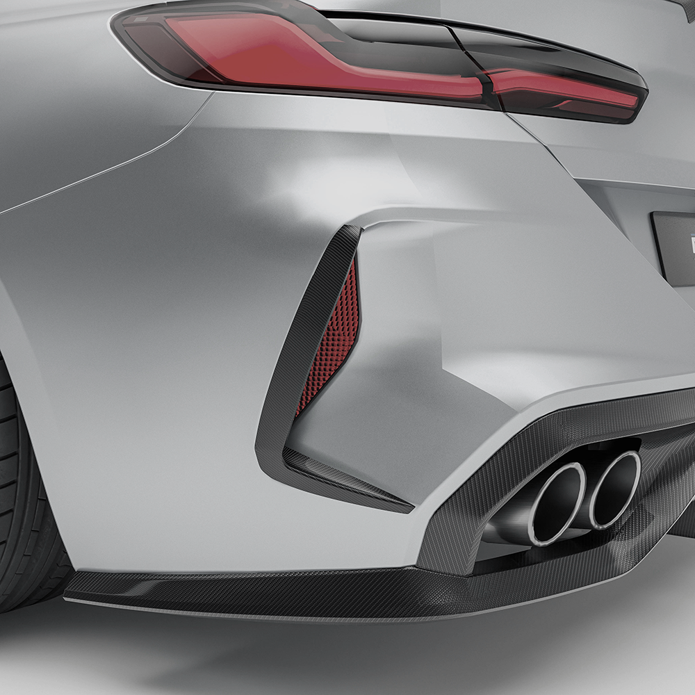 BMW car with a carbon fiber rear canards on a white background