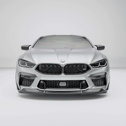 BMW M8 F92  with a carbon fiber grille on a white background