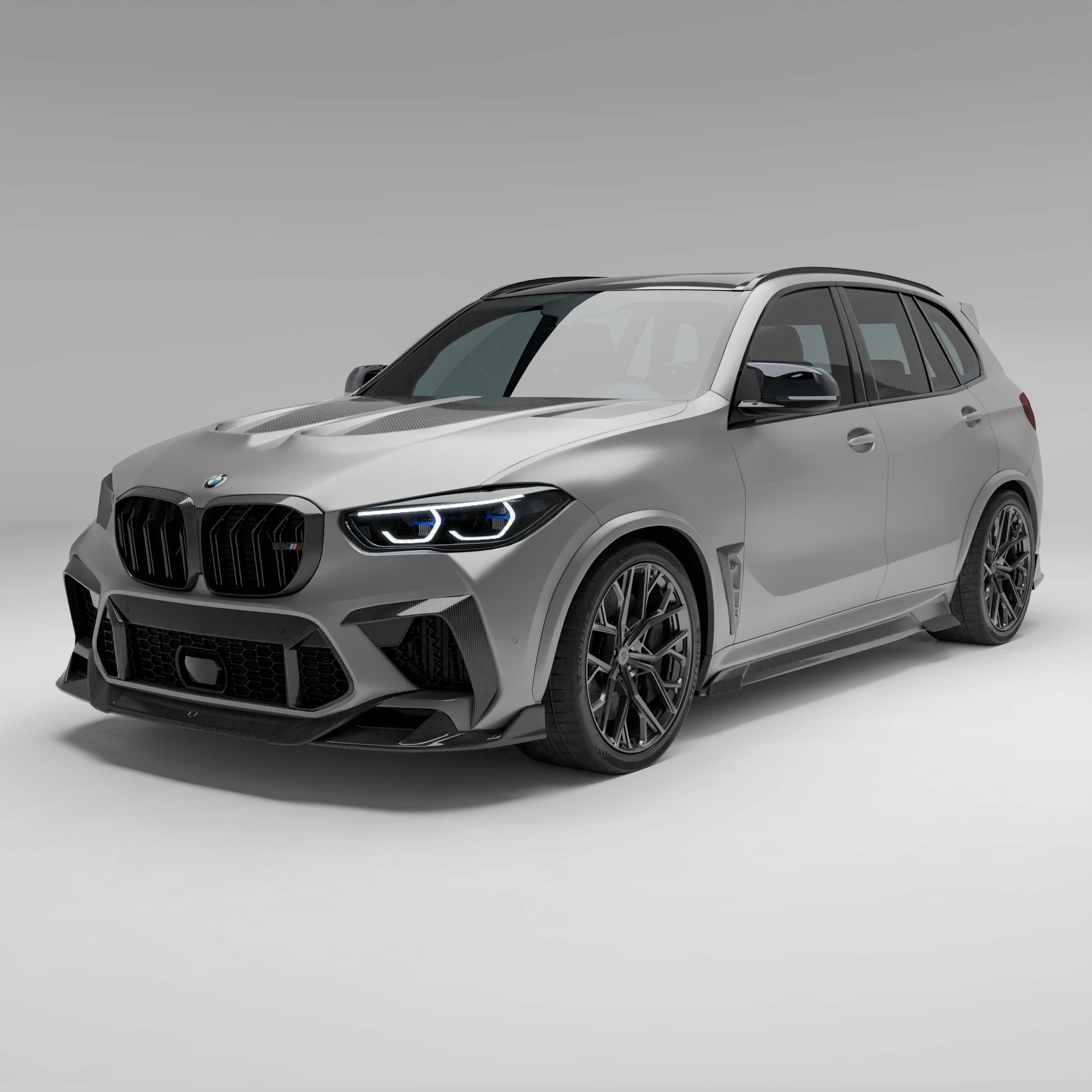 rendering-of-the-bmw-x5m-f95-with-a-full-carbon-fiber-body-kit,-viewed-from-the-front-at-a-45-degree-angle