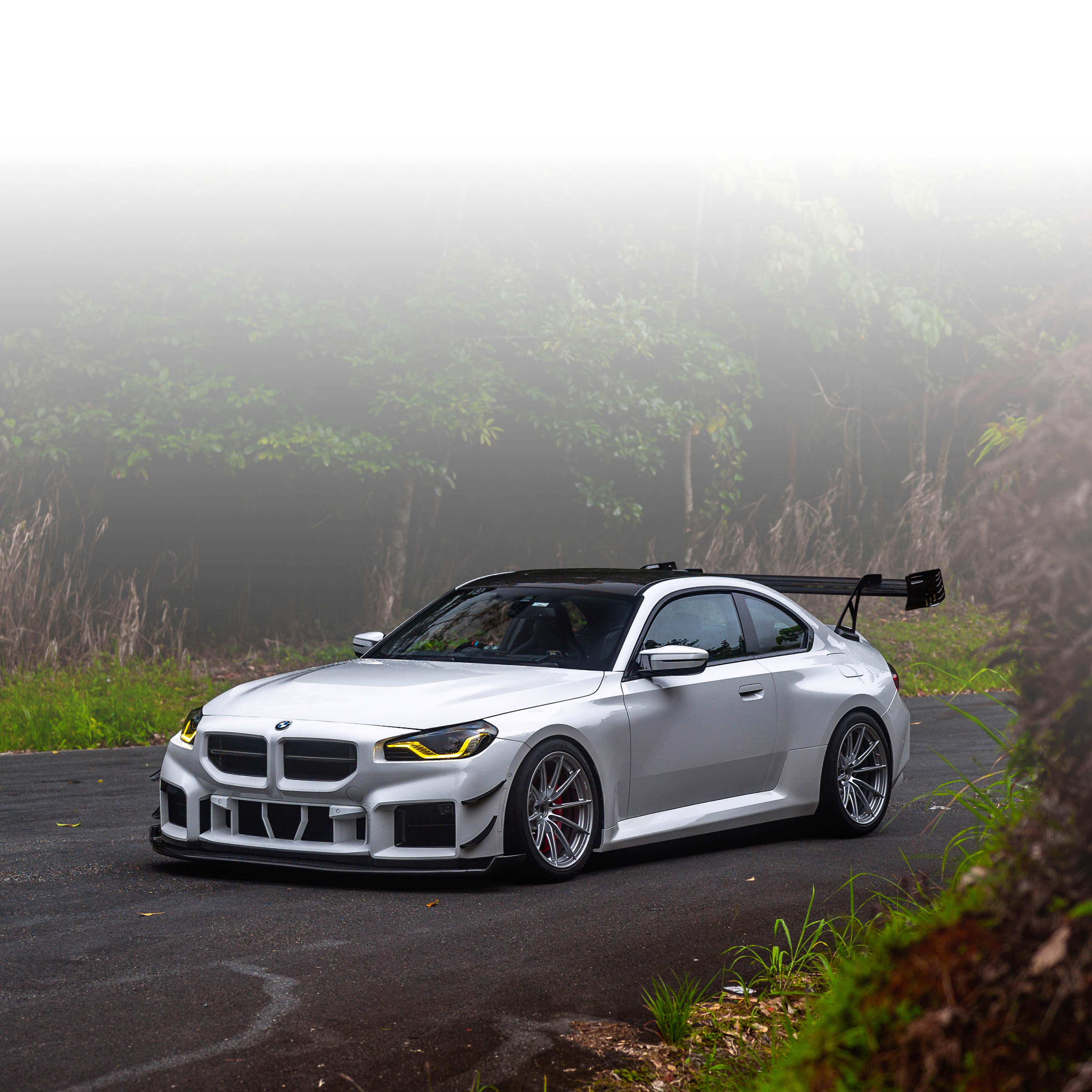 White BMW car with a black roof and spoiler on a foggy road surrounded by trees.