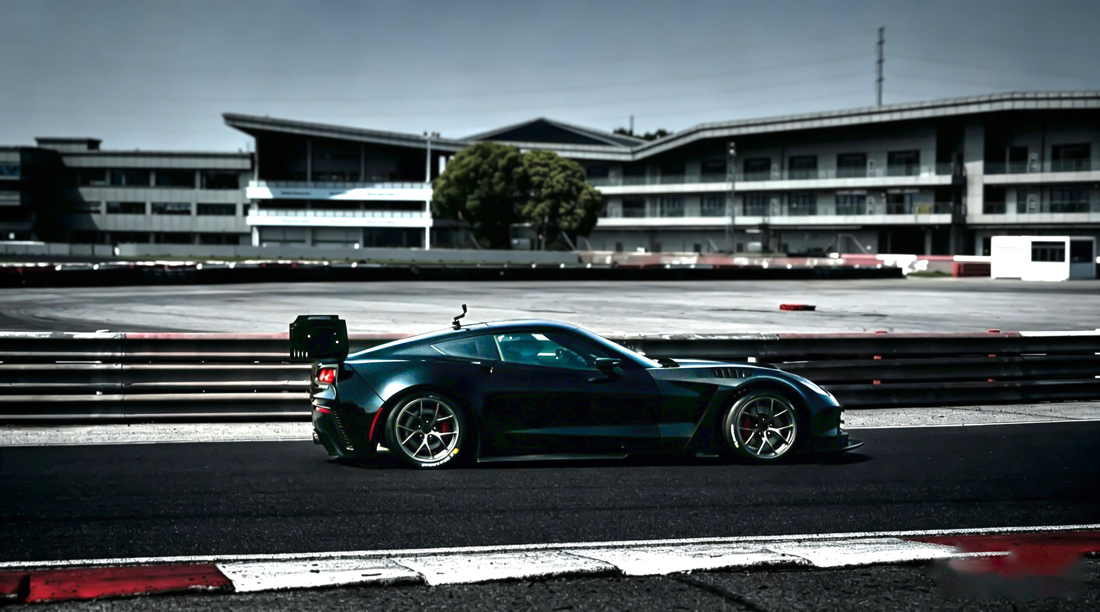 Black Chevrolet Corvette race car parked on a wet industrial track surface, featuring an aggressive wide-body kit, large rear wing, carbon fiber aerodynamic components, and lightweight performance wheels with red brake calipers. The moody urban backdrop and reflective pavement emphasize the car’s high-performance motorsport styling.