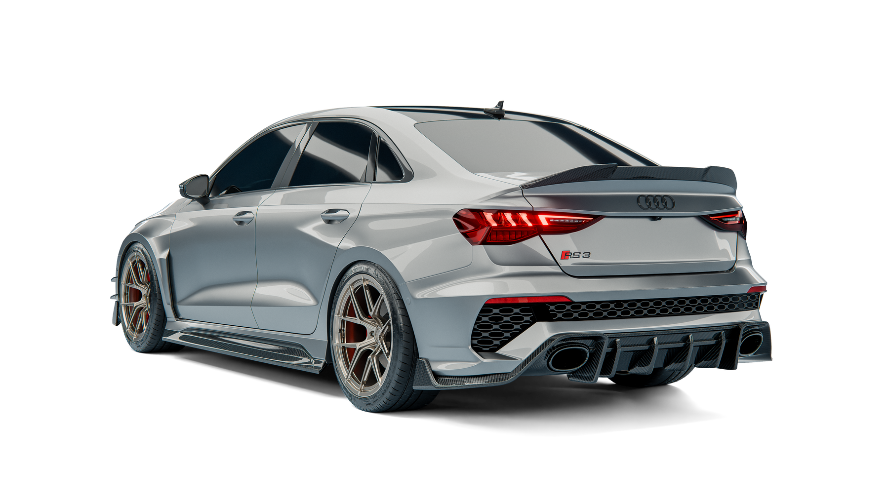 Audi RS3 8Y Pre-LCI Sedan Limousine RevoZport Street Program rear three-quarter view with rear diffuser and trunk spoiler