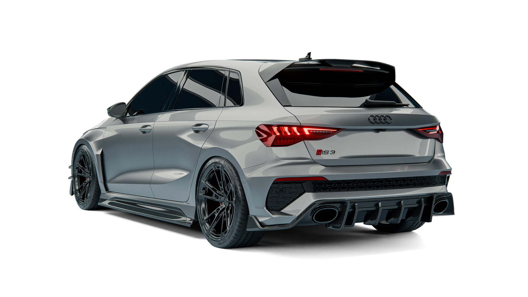 Audi RS3 8Y Pre-LCI Sportback RevoZport Street Program rear three-quarter view with rear diffuser and roof spoiler