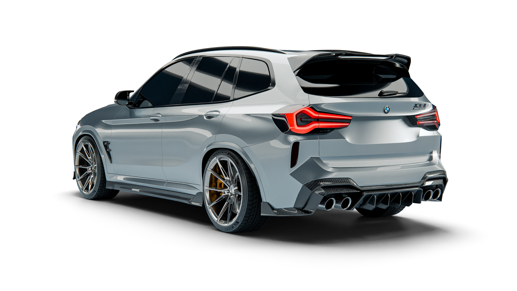 BMW X3M F97 LCI RevoZport Street Program rear three-quarter view with roof spoiler and diffuser